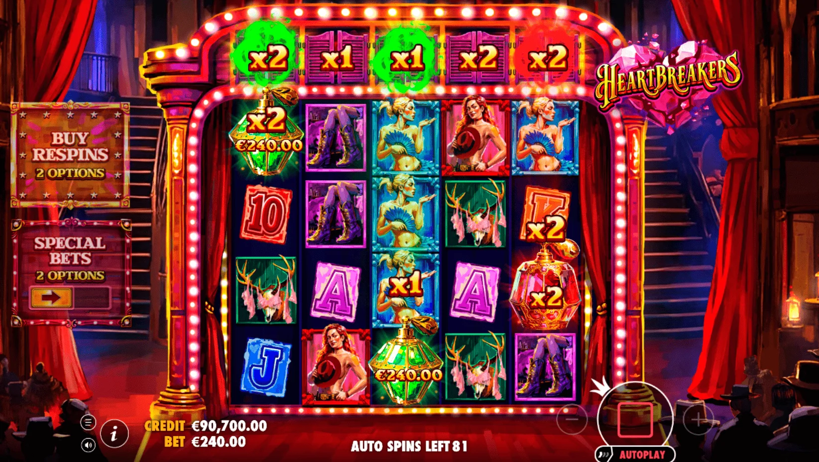 Heartbreakers - main reels screen and top row of multipliers